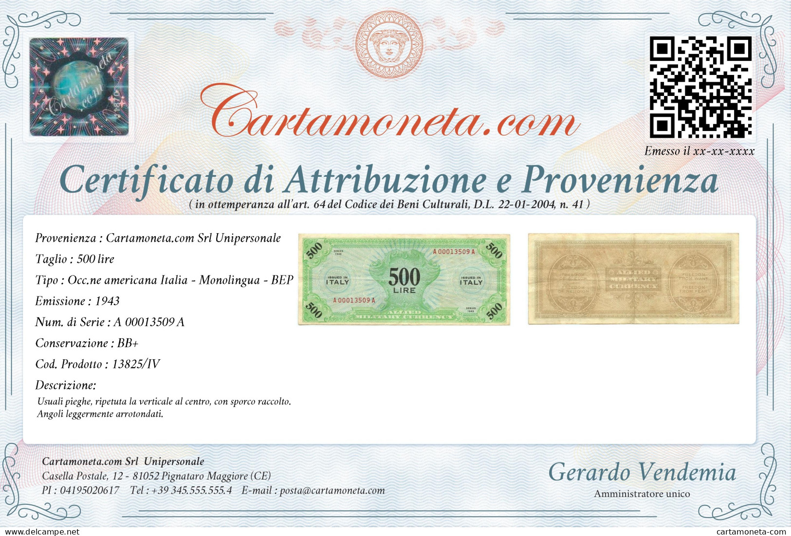 500 LIRE OCCUPAZIONE AMERICANA IN ITALIA MONOLINGUA BEP 1943 BB+ - 2. WK - Alliierte Besatzung