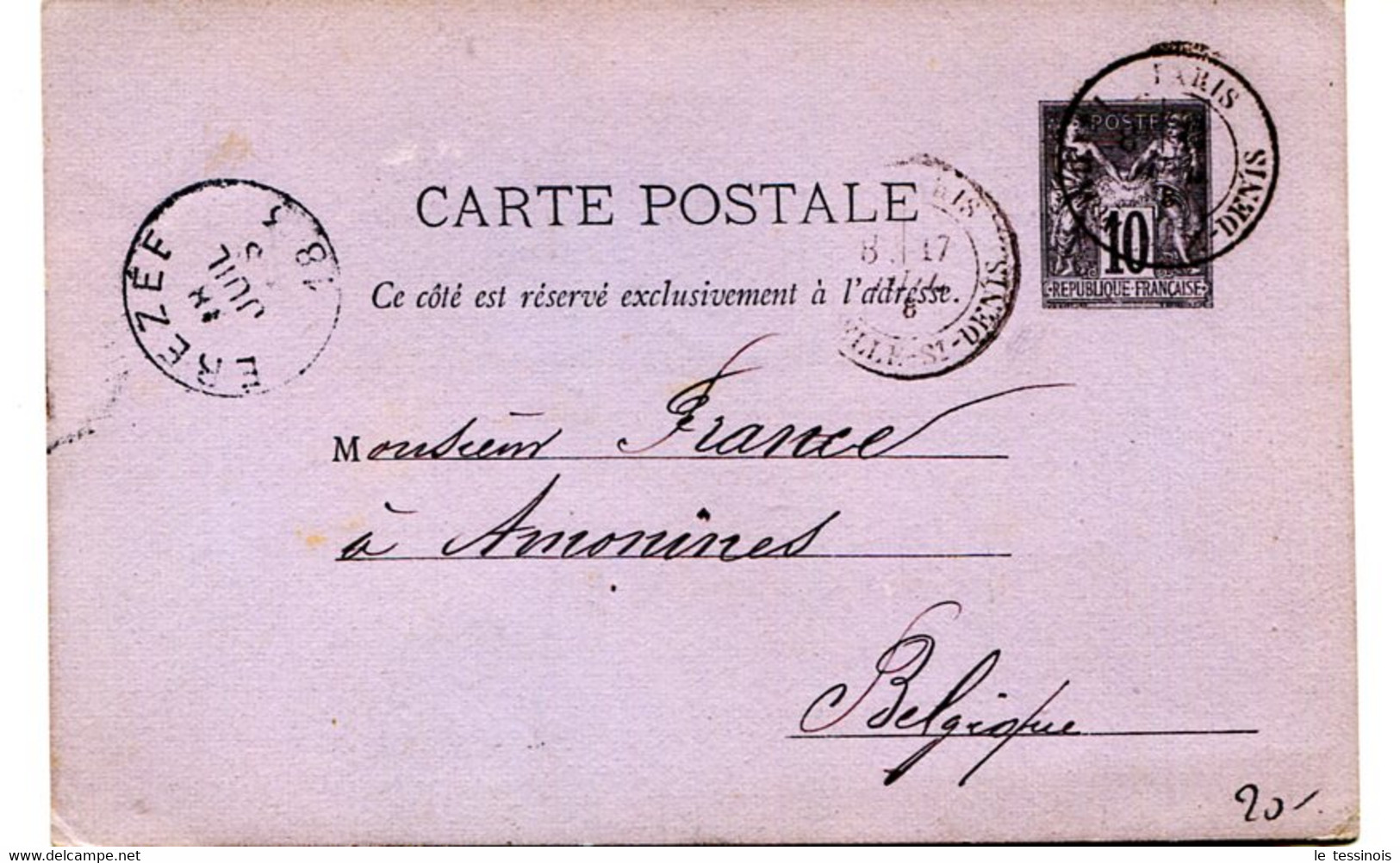 Entier Postal Type Sage 10 C. Repiqué  "Charbons De Bois Vve Charlet Et Fils"sur CP De Paris Pour La Belgique 17/7/1883 - 1877-1920: Semi Modern Period