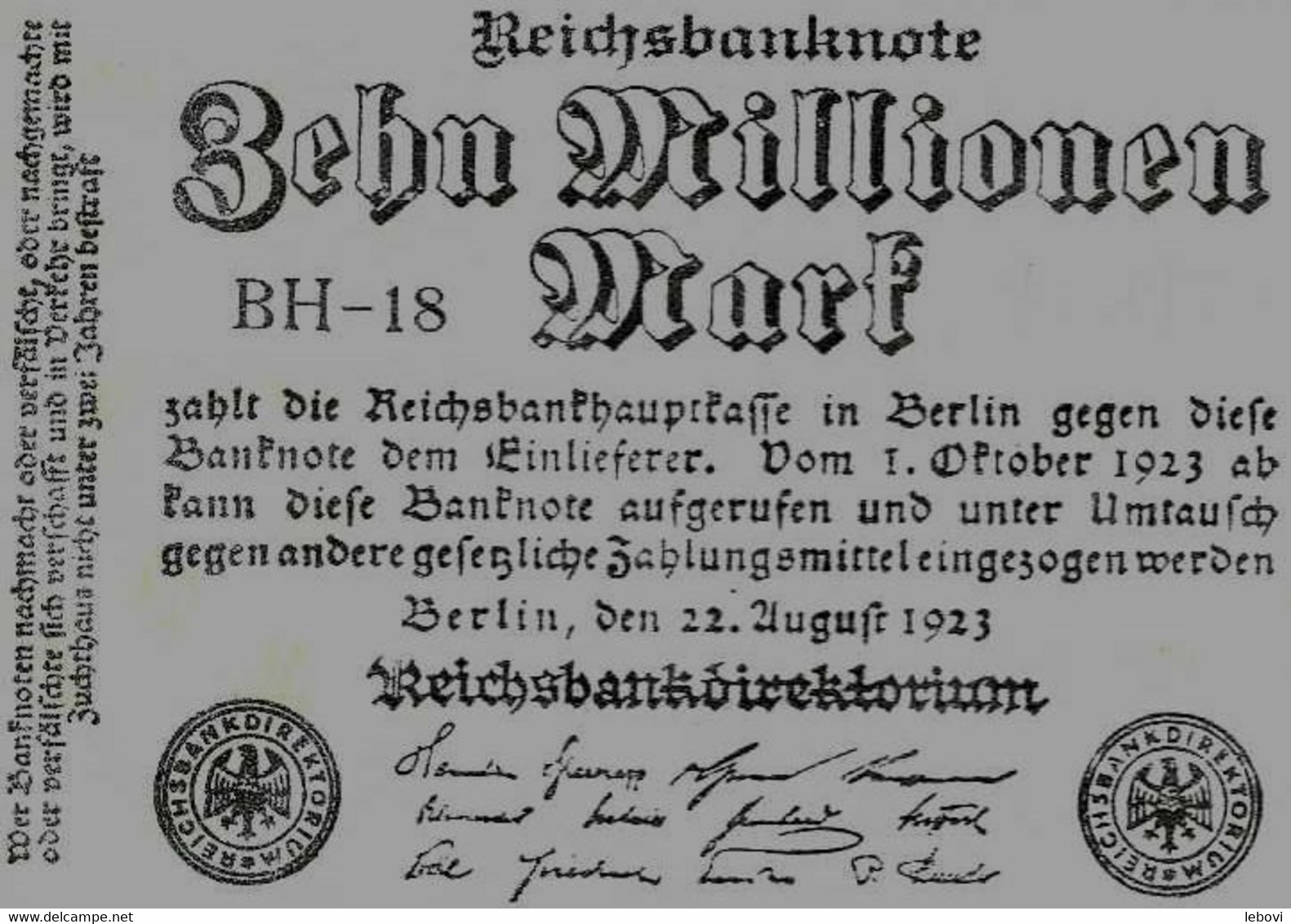 ALLEMAGNE  : Reichsbanknote – 10.000.000 Mark – 22/10/1923 - 100 Millionen Mark