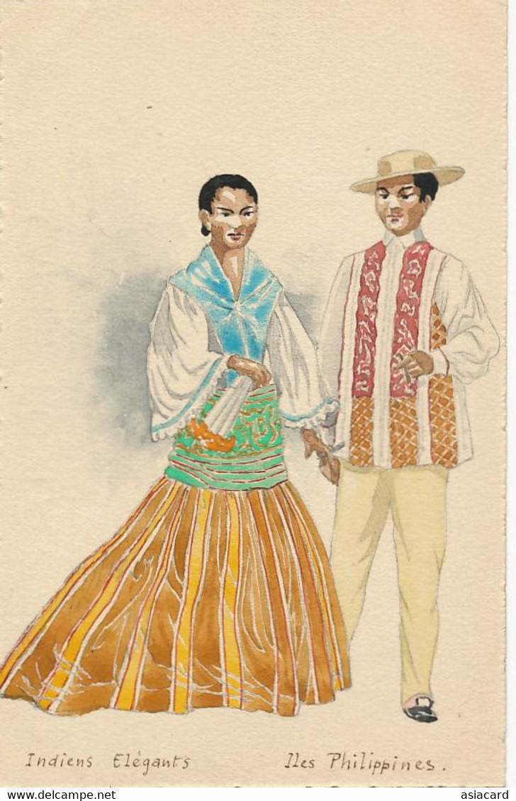 Art Card Hand Made Indiens Elégants Iles Philippines . Smart Indians . Cigar .  Barong Tagalog - Philippines