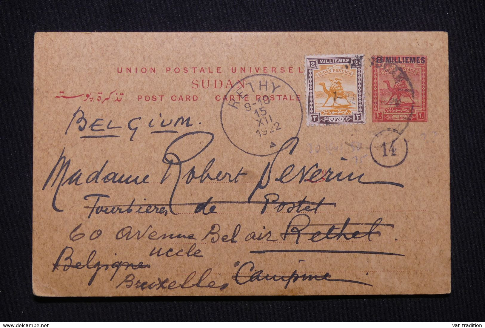 SOUDAN - Entier Postal + Complément De Port Soudan Pour La Belgique En 1922 - L 98419 - Soedan (...-1951)