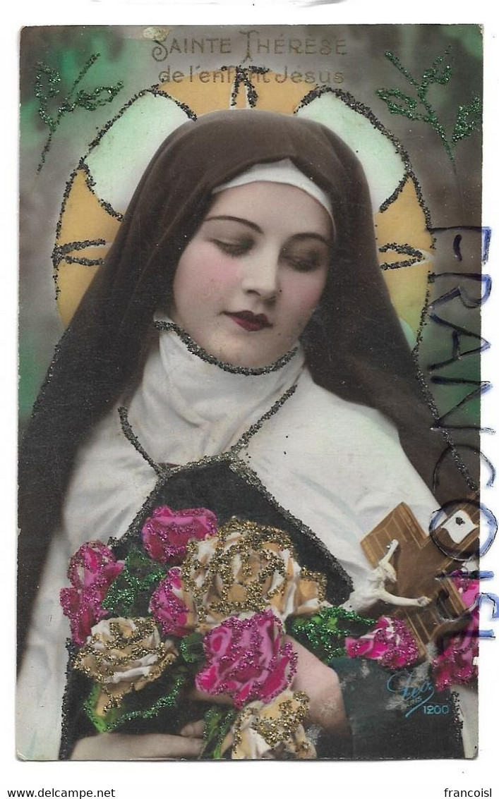 Sainte Thérèse De L'Enfant-Jésus, Crucifix Et Fleurs. Paillettes. - Santos