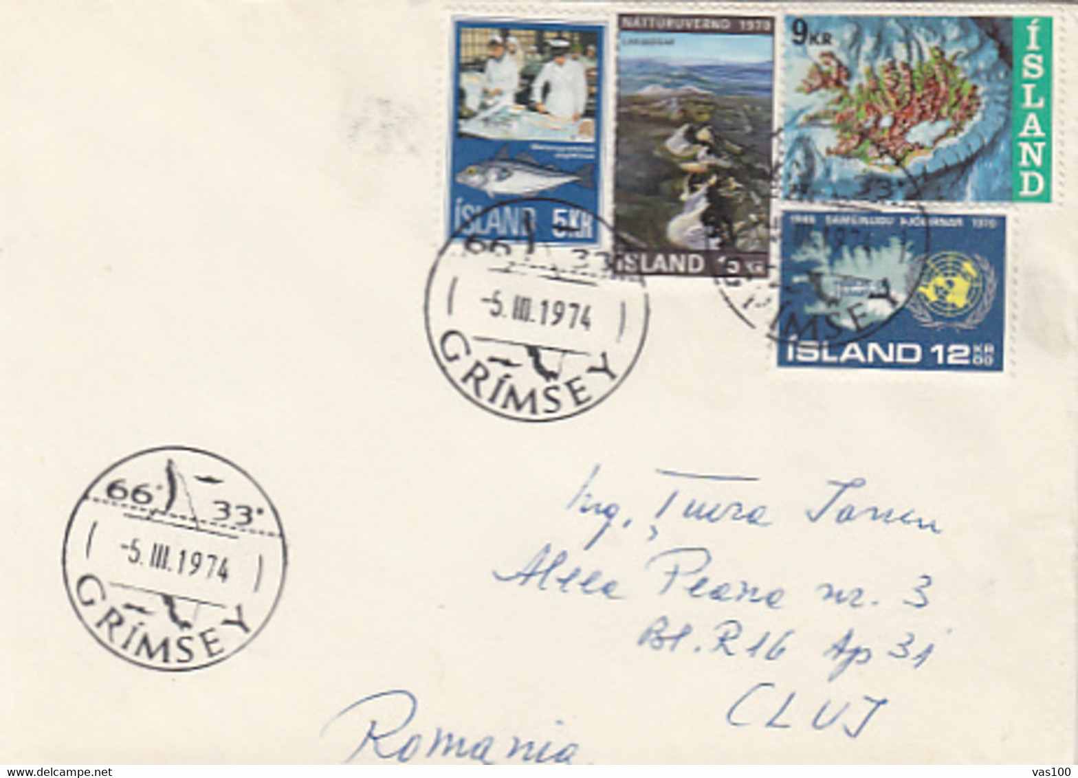 GRIMSAY ISLAND SPECIAL POSTMARK, FISH PROCESSING INDUSTRY, ISLAND VEWS STAMPS ON COVER, 1974, ICELAND - Covers & Documents