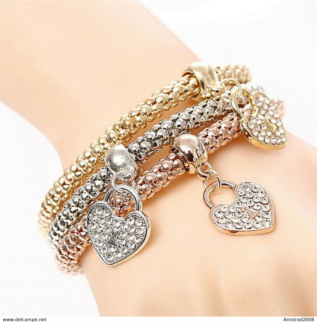 3 BRACCIALI  CON CHARM FORMA DI CUORE E STRASS MODA DONNA BRACELET S. VALENTINO SHARON W - Armbänder