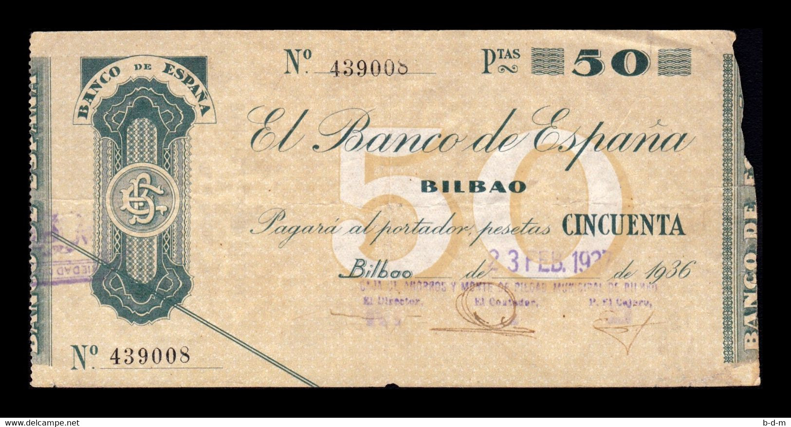 España Spain Civil War Bilbao 50 Pesetas 1936 Pick S553i BC/MBC F/VF - 50 Peseten