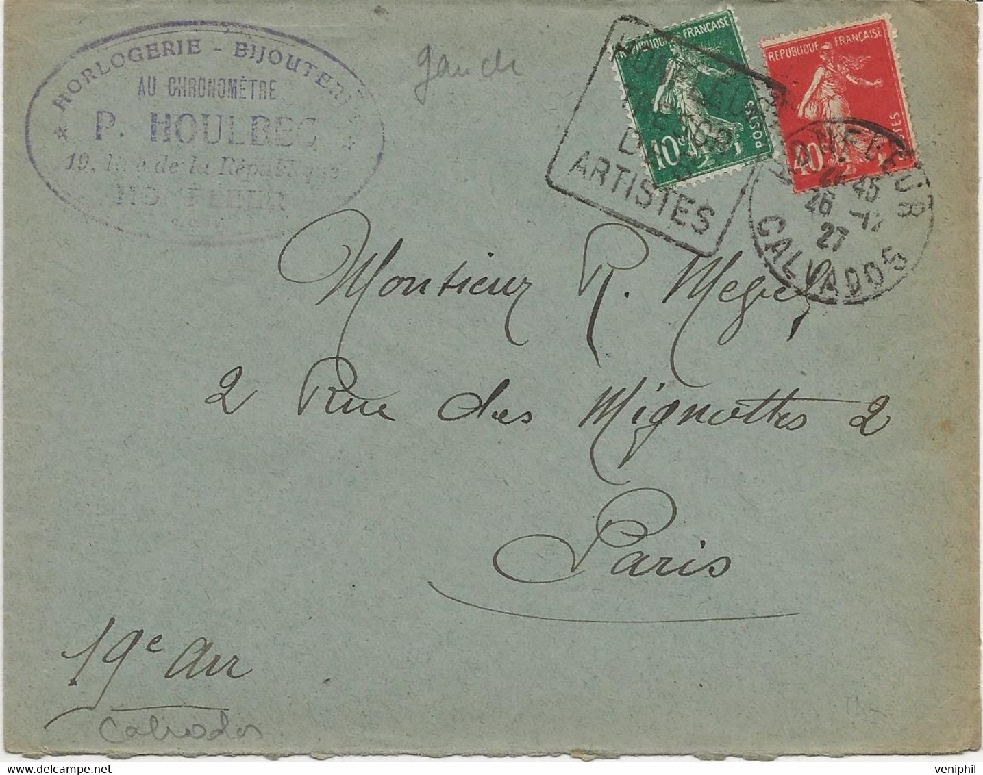 LETTRE OBLITERATION DAGUIN *HONFLEUR TRESOR DES ARTISTES *ANNEE 1927 - Mechanical Postmarks (Other)