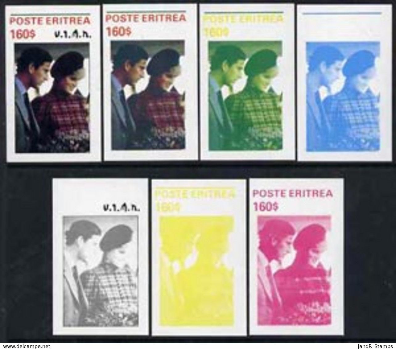 Eritrea 1982 Princess Di's 21st Birthday Imperf Souvenir Sheet ($160 Value) Set Of 7 Progressive Proofs Comprising The 4 - Eritrea