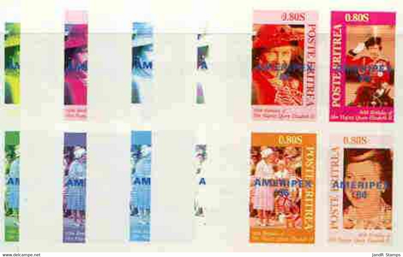 Eritrea 1986 Queen's 60th Birthday Imperf Sheetlet 4 Values With AMERIPEX Opt In Blue,  (20 Proofs) - Erythrée