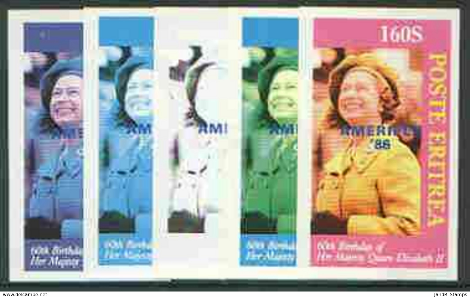 Eritrea 1986 Queen's 60th Birthday Imperf Souvenir Sheet (160s Value) With AMERIPEX Opt In Blue, - Eritrea