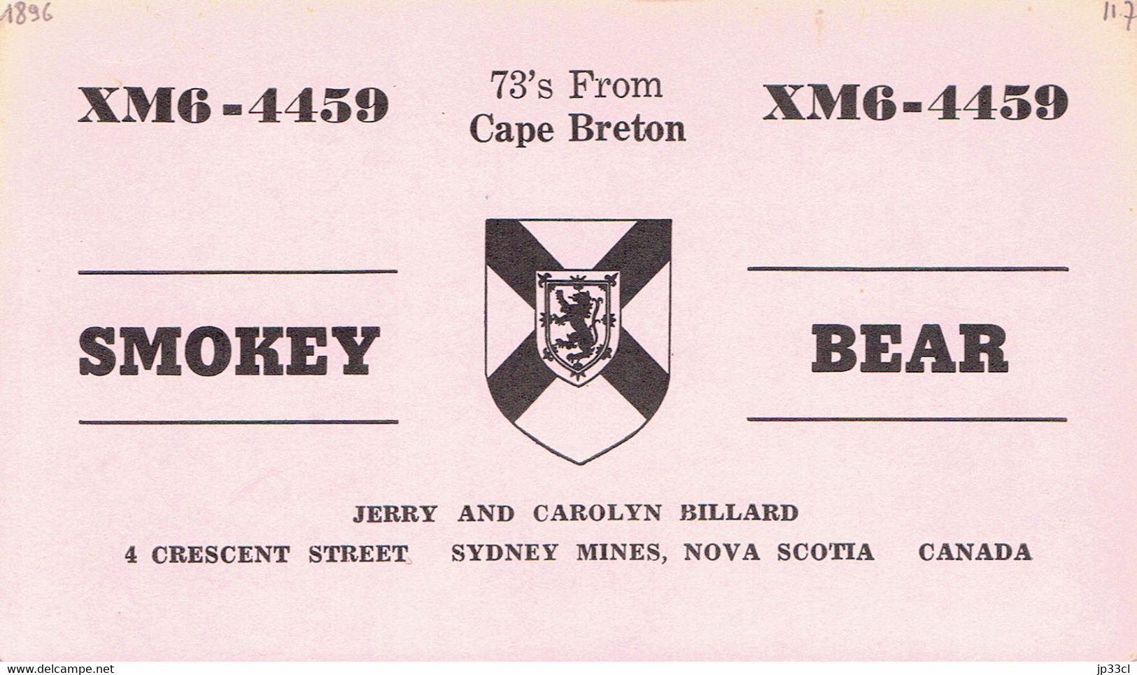 Nova Scotia Coat Of Arms On QSL From Cape Breton "Smokey Bear" Jerry & Caroline Billard, Crescent St., Sydney Mines 1970 - CB