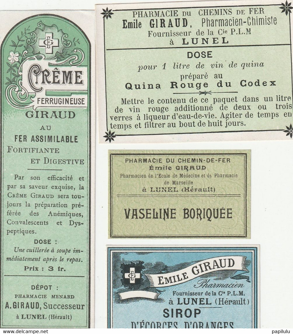 AUTRE COLLECTION 46 :  Lot De 4 étiquettes Pharmaceutique E Giraud Pharmacie Du Chemin De Fer A Lunel - Medizinische Und Zahnmedizinische Geräte