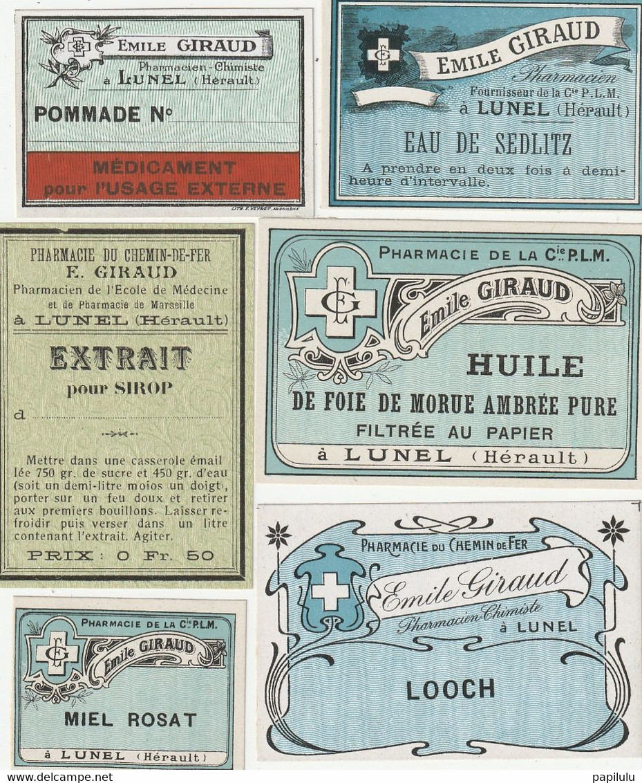 AUTRE COLLECTION 47 :  Lot De 6 étiquettes Pharmaceutique E Giraud Pharmacie Du Chemin De Fer A Lunel - Medizinische Und Zahnmedizinische Geräte