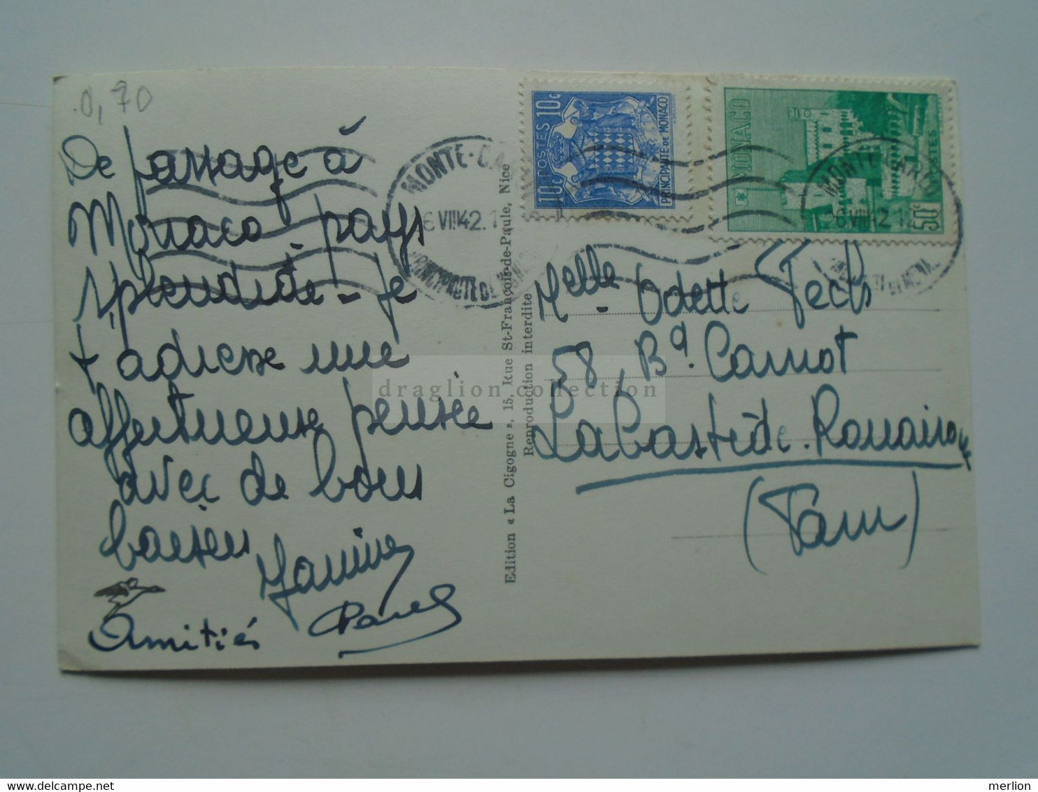 D179553   MONACO Monte Carlo  - 1942  Postcard Les Jardins Exotiques - Other & Unclassified