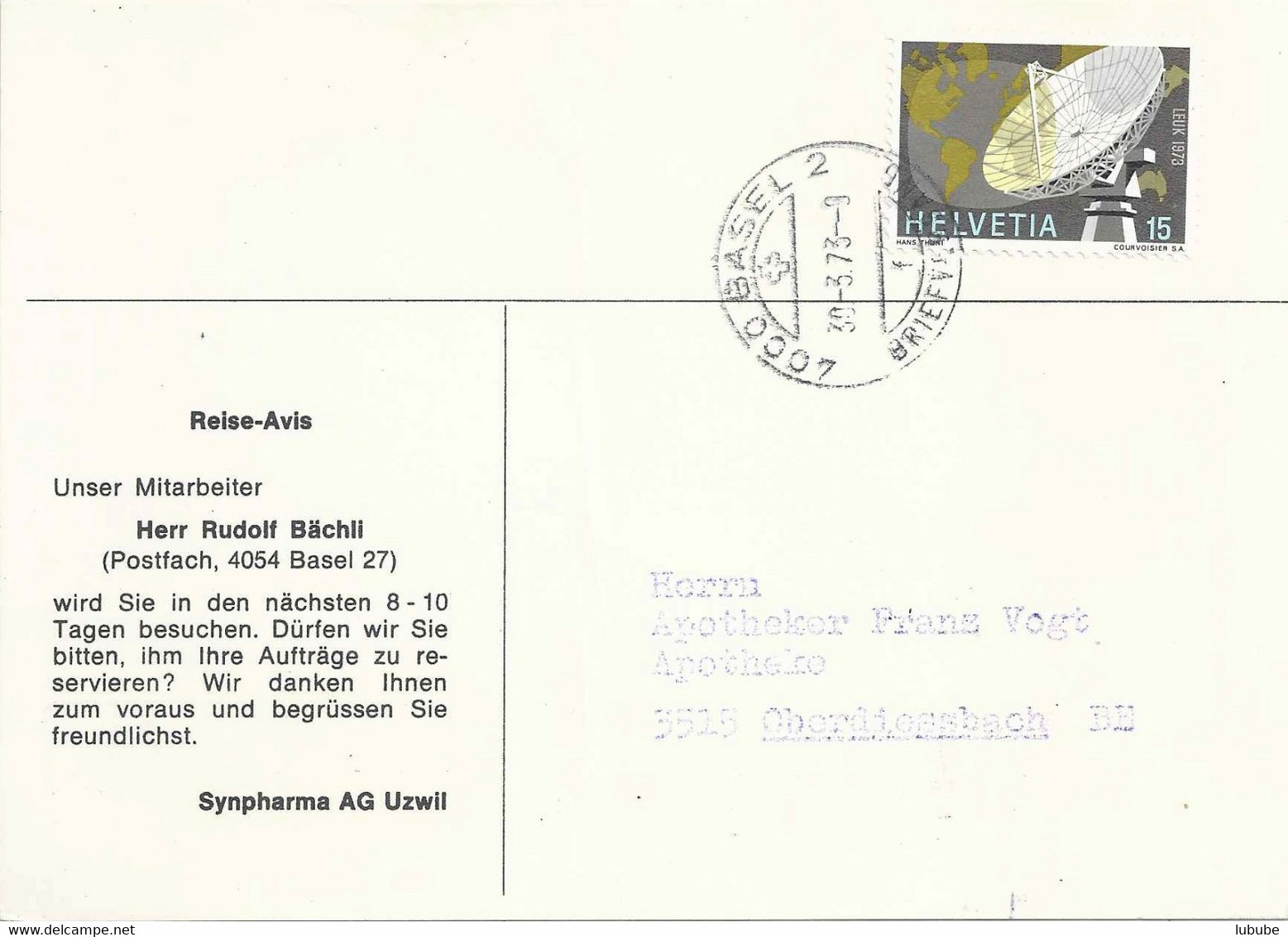 Drucksache  "Synpharma, Uzwil"  Basel - Oberdiessbach        1973 - Lettres & Documents