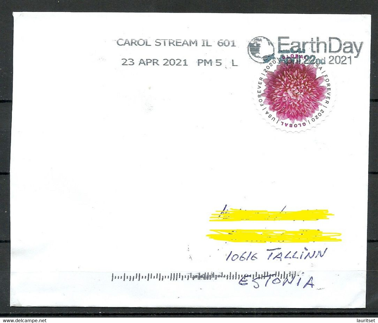 USA 2021 Cover To ESTONIA O Carol Stream IL With Earth Day Cachet - Lettres & Documents