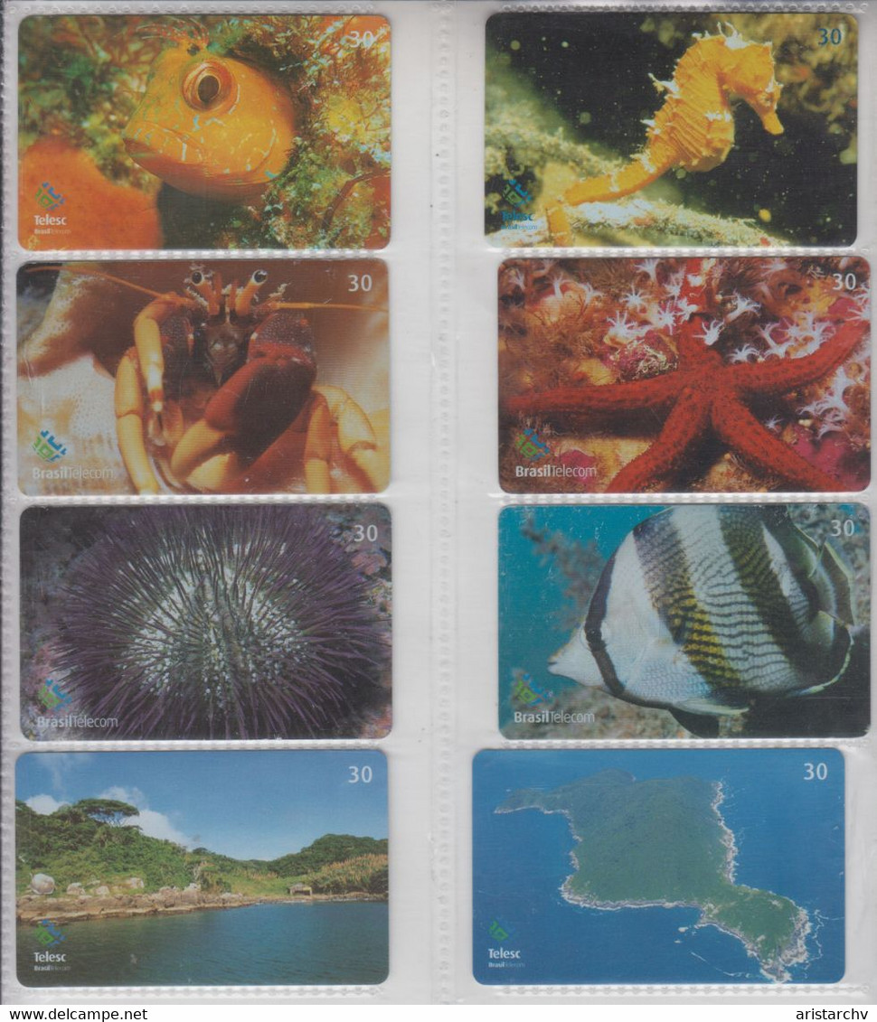 BRASIL 2002 FISH SEA STAR CRAB HORSE URCHIN MEDUSA 8 PHONE CARDS - Peces