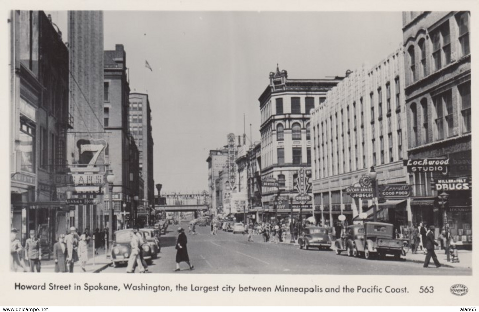 Spokane Washington, Howard Street Scene, Drug Store, Jewelry, Milwaukee Road Signs, C1940s Real Photo Postcard - Spokane