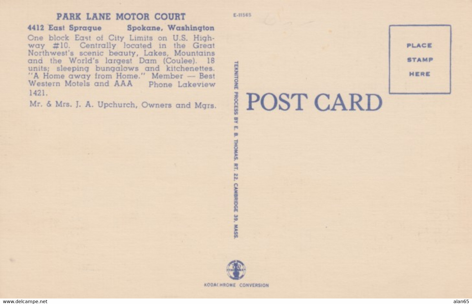 Spokane Washington, Park Lane Motor Court, Motel, Lodging, C1940s/50s Vintage Linen Postcard - Spokane