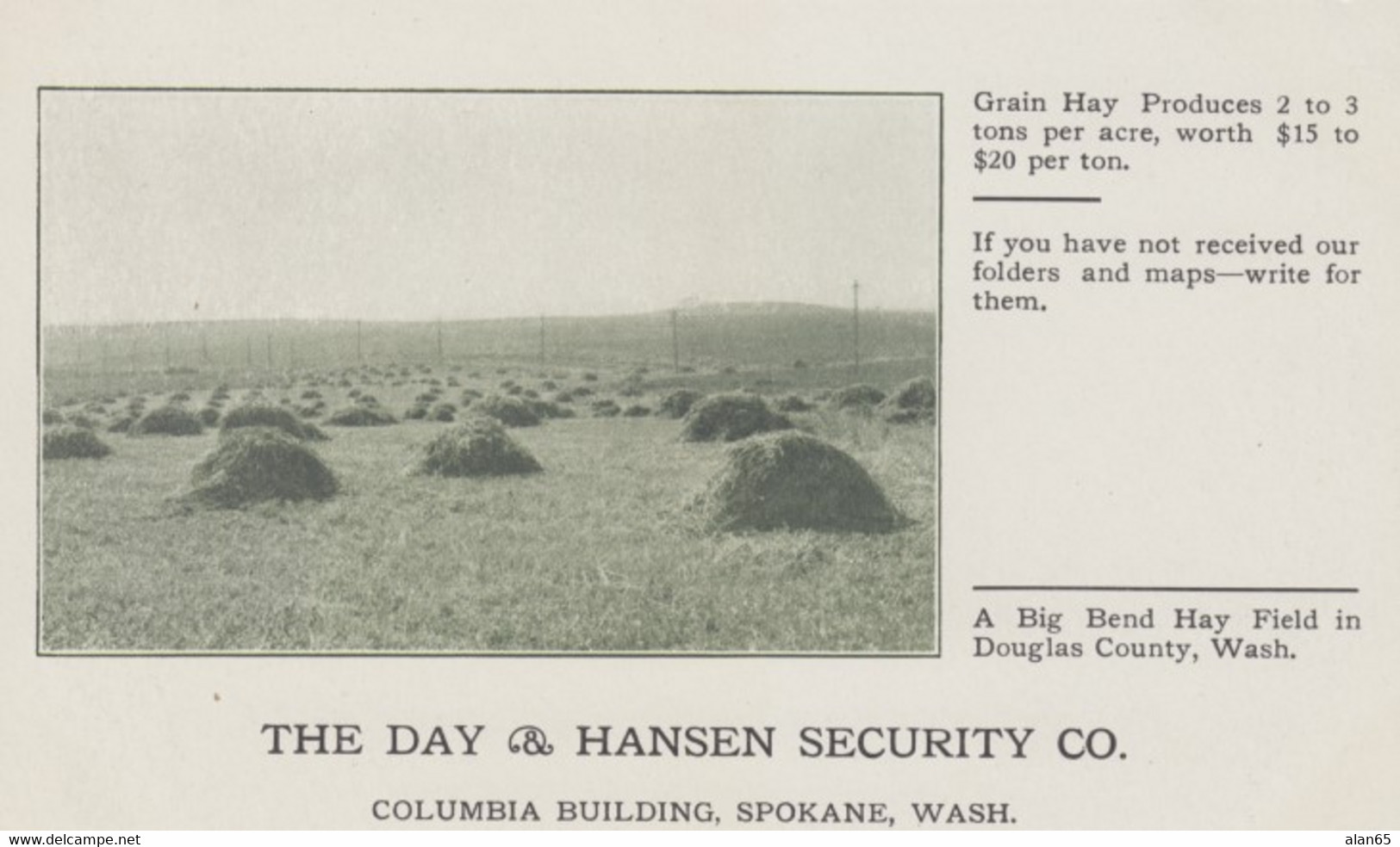 Spokane Washington, Day & Hansen Security Co. Advertisement, Farming Information, C1900s/10s Vintage Postcard - Spokane