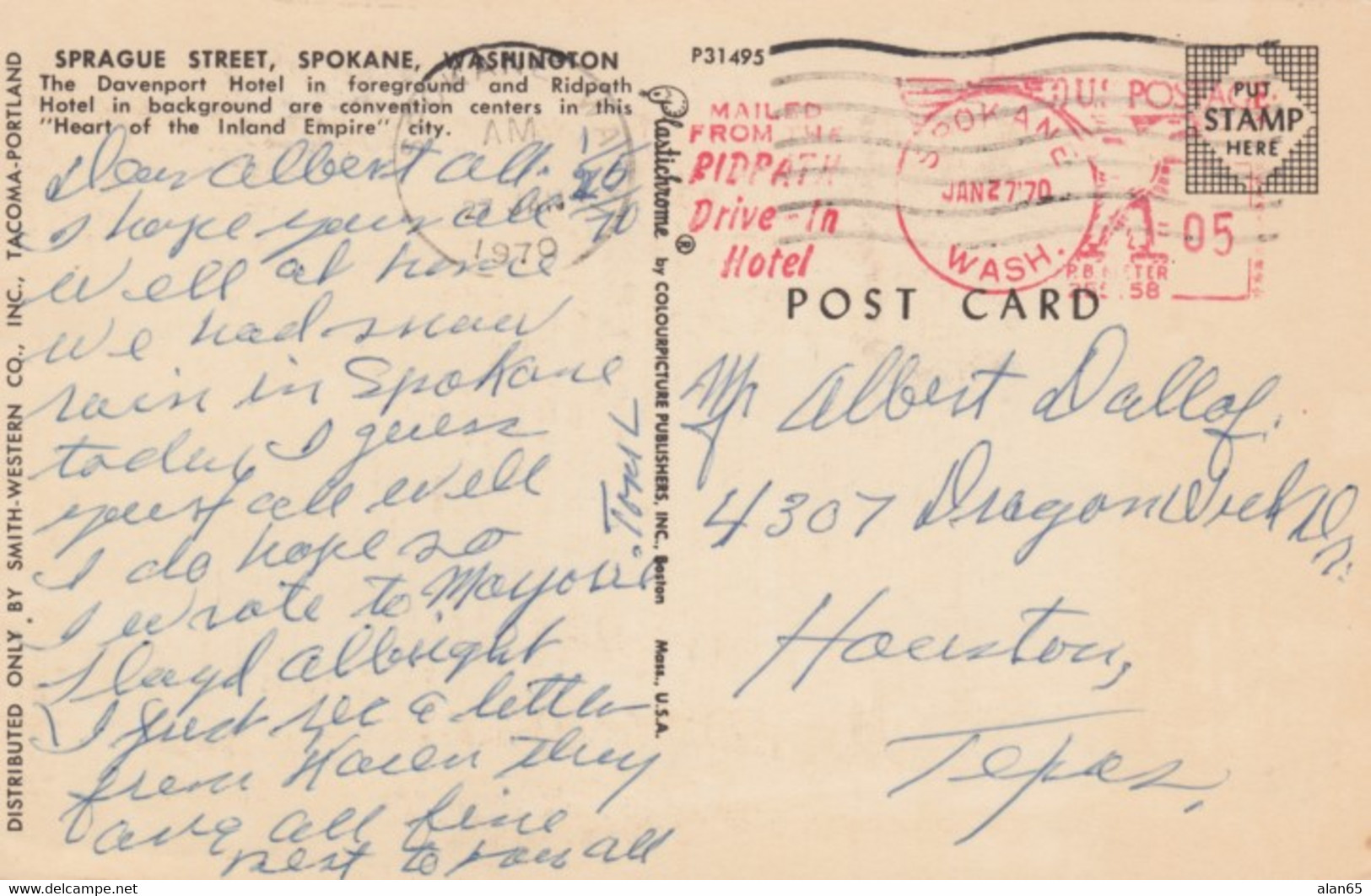 Spokane Washington, Sprague Street Scene At Night, Autos, Business Signs, C1960s Vintage Postcard - Spokane