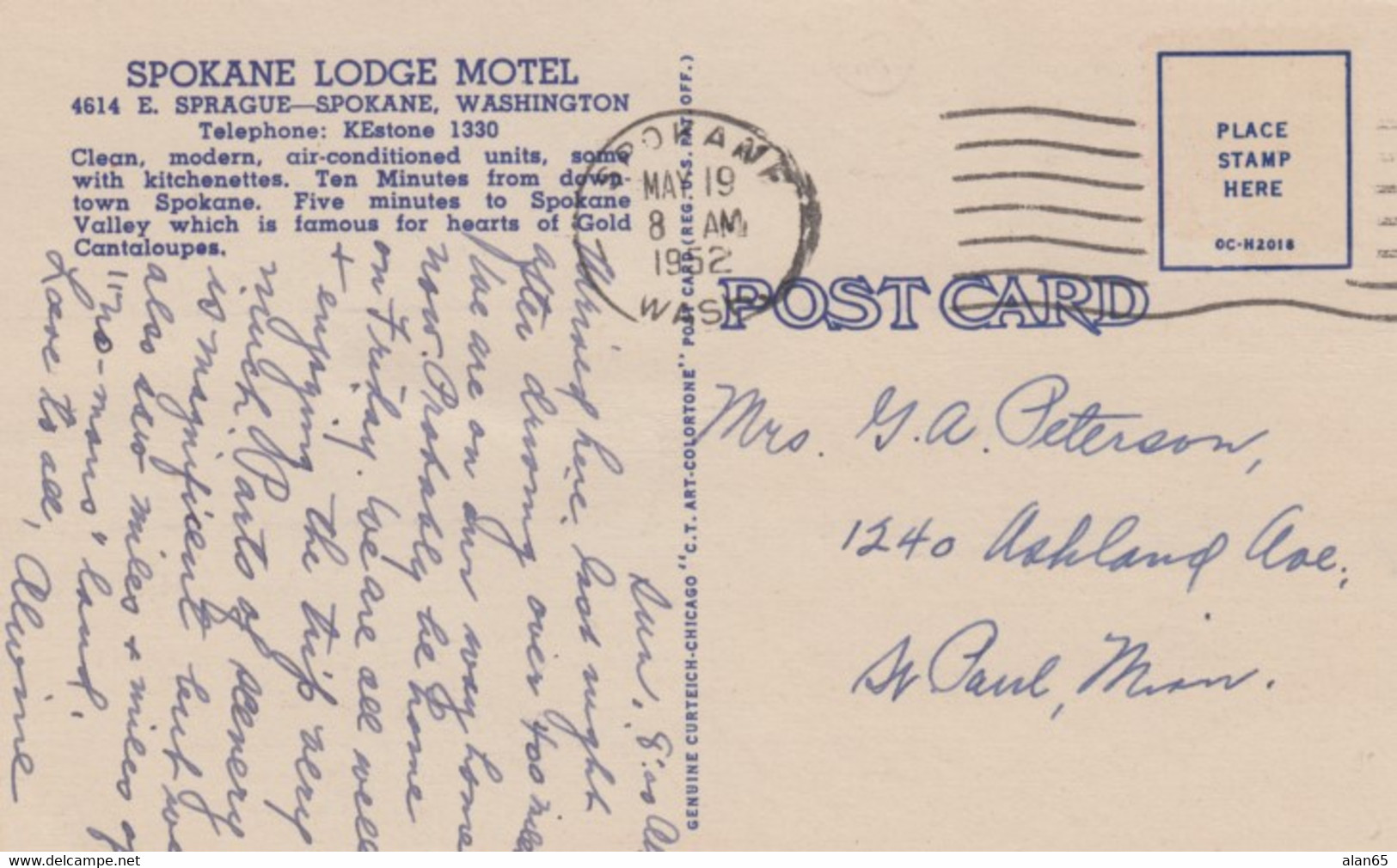 Spokane Washington, Spokane Lodge Motel, C1950s Vintage Curteich Linen Postcard - Spokane