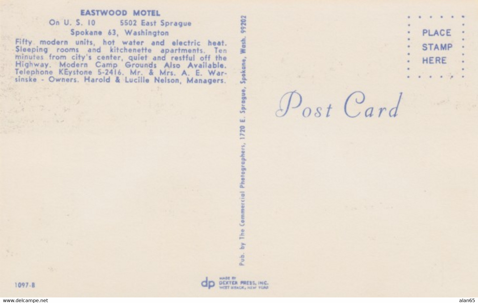 Spokane Washington, Eastwood Motel, Lodging, C1960s Vintage Postcard - Spokane