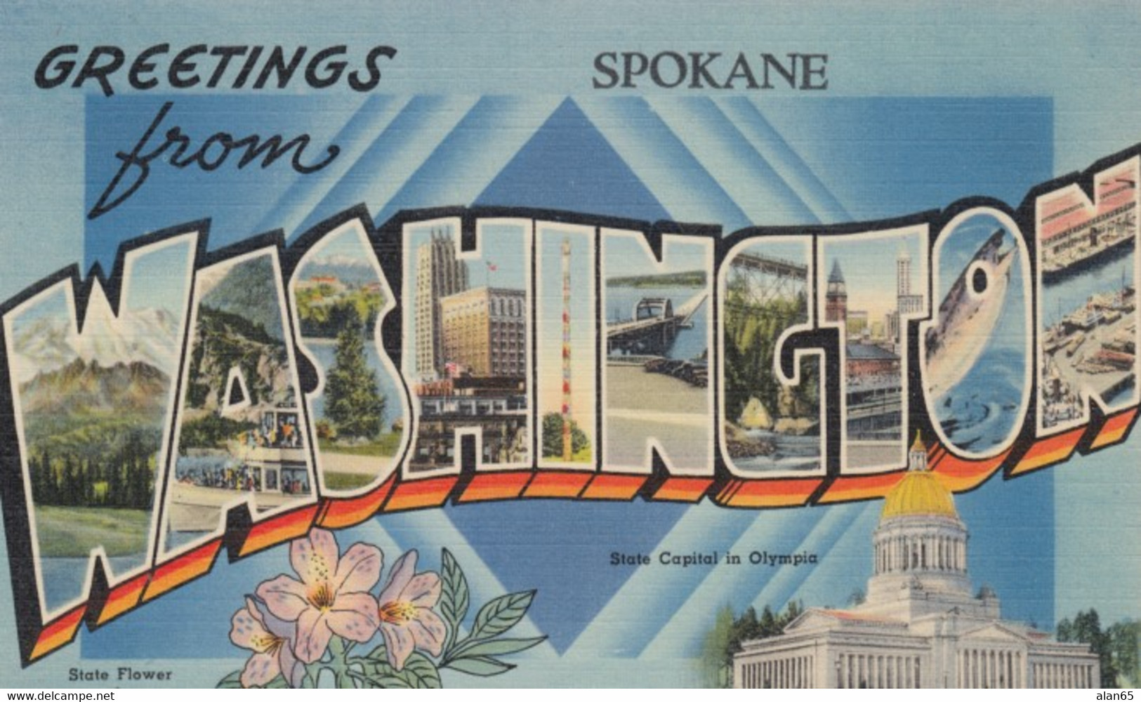 Spokane Washington, Large Letter Greetings, C1940s Vintage Linen Postcard - Spokane