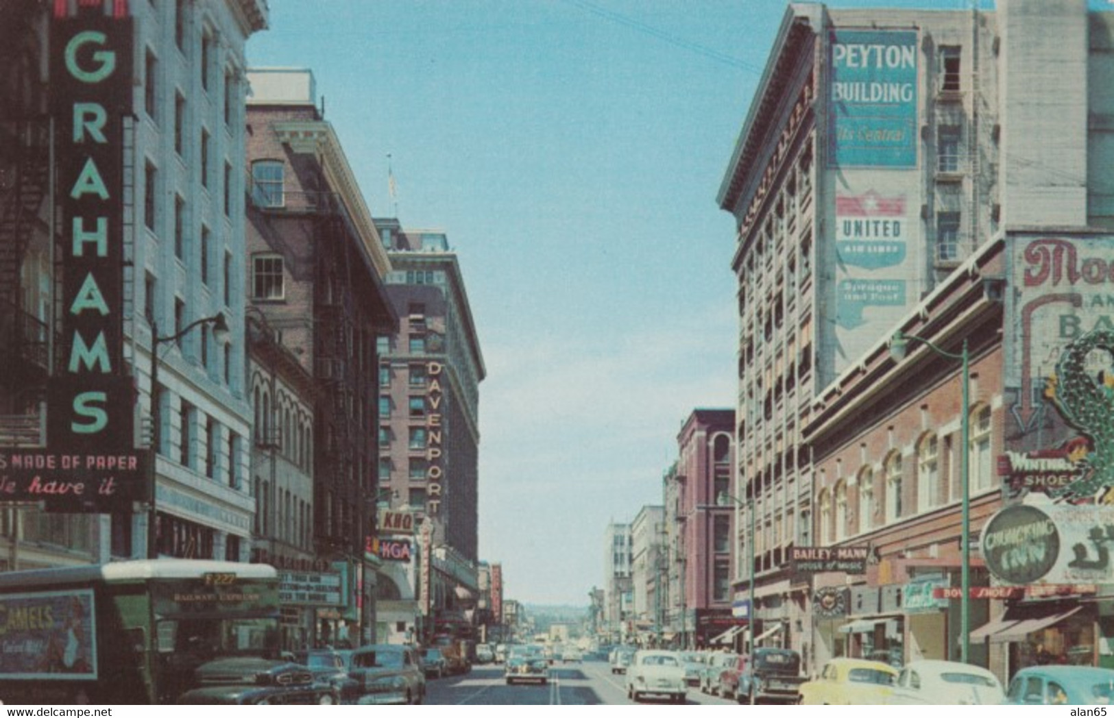 Spokane Washington, Sprague Street Scene, Business Sings, Autos, C1950s Vintage Postcard - Spokane