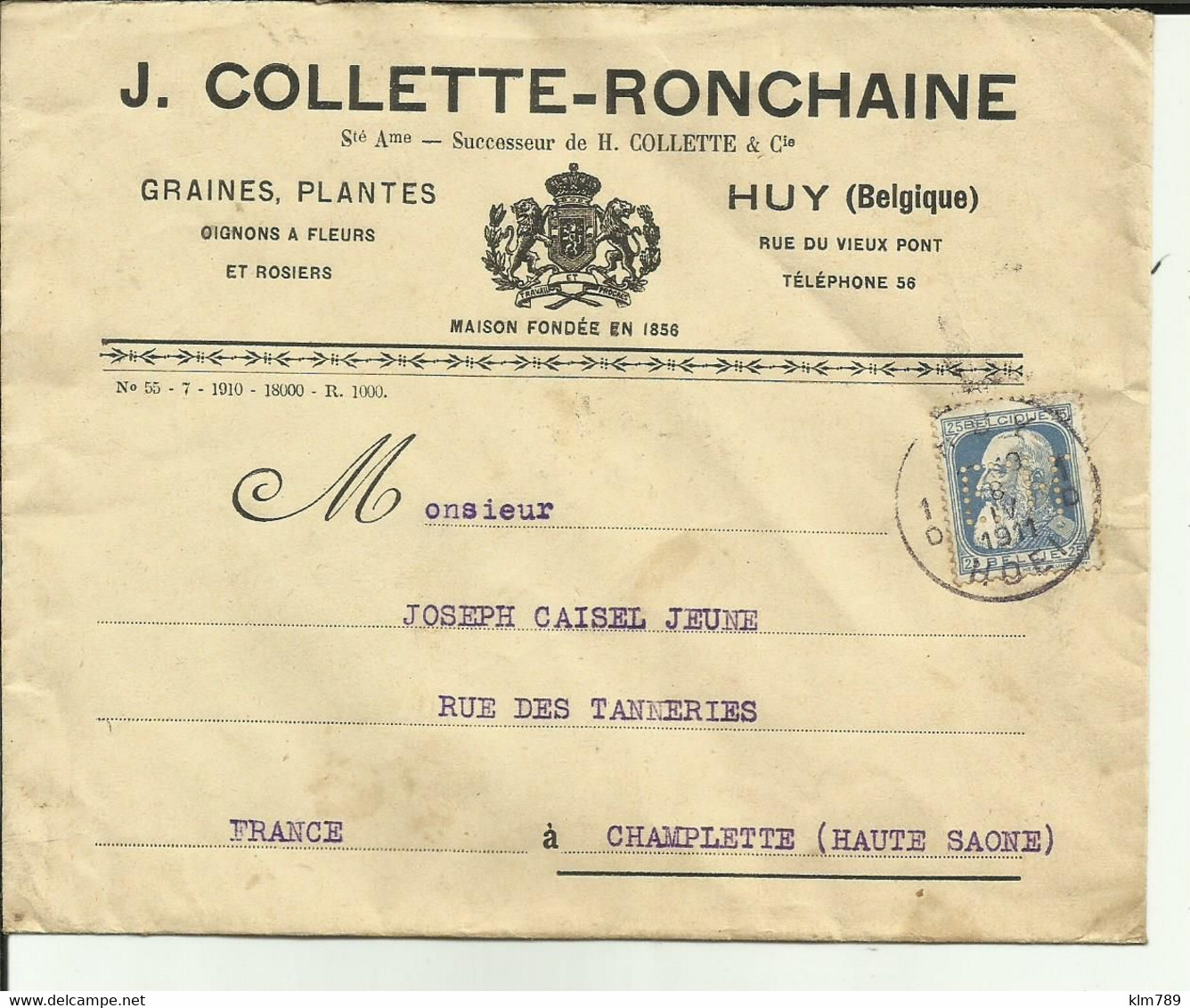 Belgique- Huy- Enveloppe J.Collette-Ronchaine - Rue Du Vieux Port- Plante-Timbre Perforé - Philatélie -1911 -Réf . 57. - 1900 – 1949