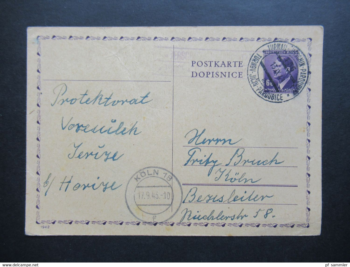 DR Böhmen Und Mähren Hitler Ganzsache Mit Bahnpost Stempel Turnau - Jitschin - Pardubitz Und Violetter Rahmenstempel - Brieven En Documenten