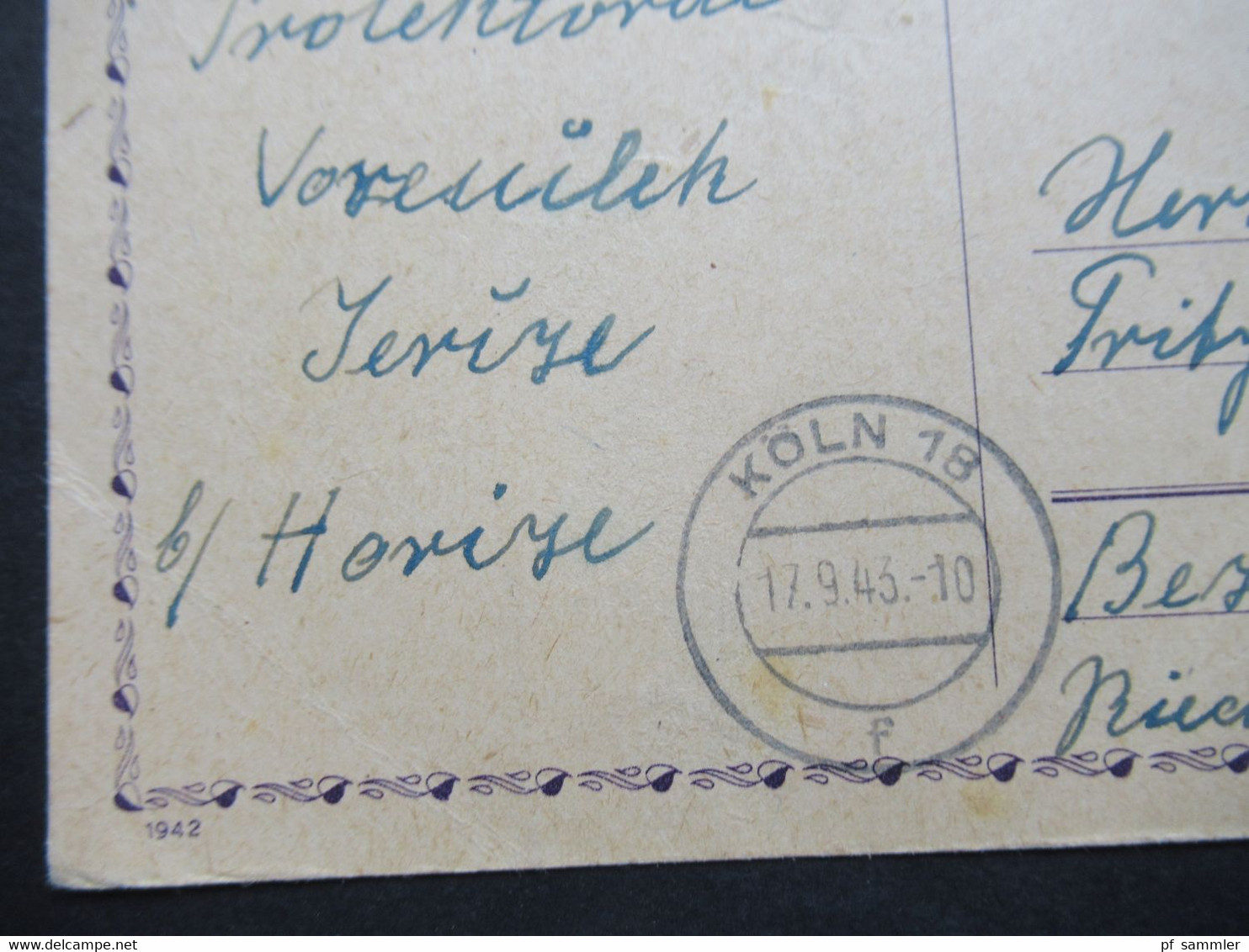 DR Böhmen Und Mähren Hitler Ganzsache Mit Bahnpost Stempel Turnau - Jitschin - Pardubitz Und Violetter Rahmenstempel - Storia Postale