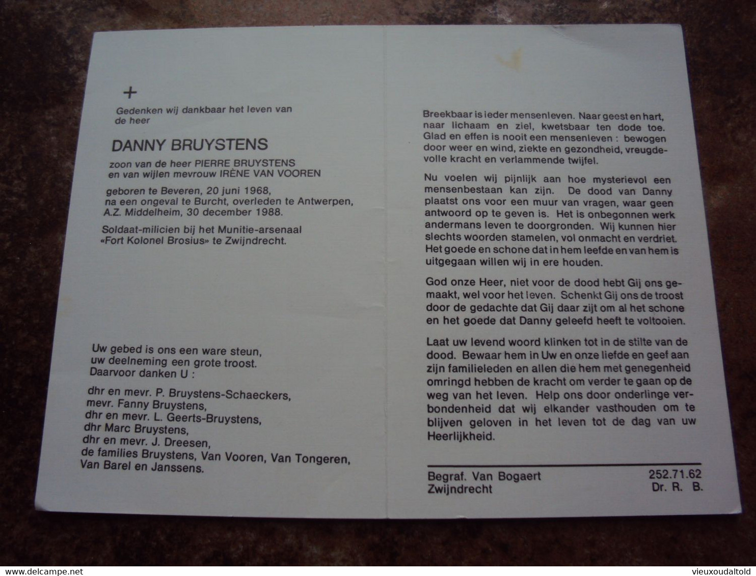 Doodsprentje/Bidprentje DANNY BRUYSTENS Beveren1968-1988 Burcht Ongeval Sold-milicien Munitie-arsenaal "FKB"Zwijndrecht - Religione & Esoterismo