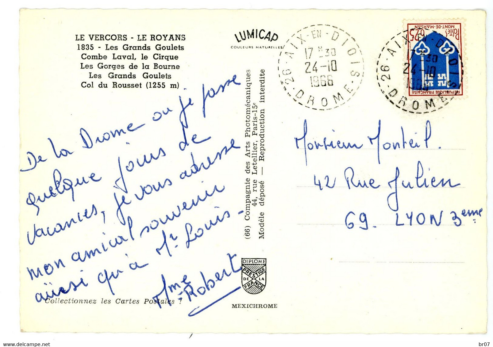 DROME CP 1966 AIX EN DIOIS RECETTE DISTRIBUTION AVEC N° DEPARTEMENT DUREE MOINS DE 2 ANS - 1961-....