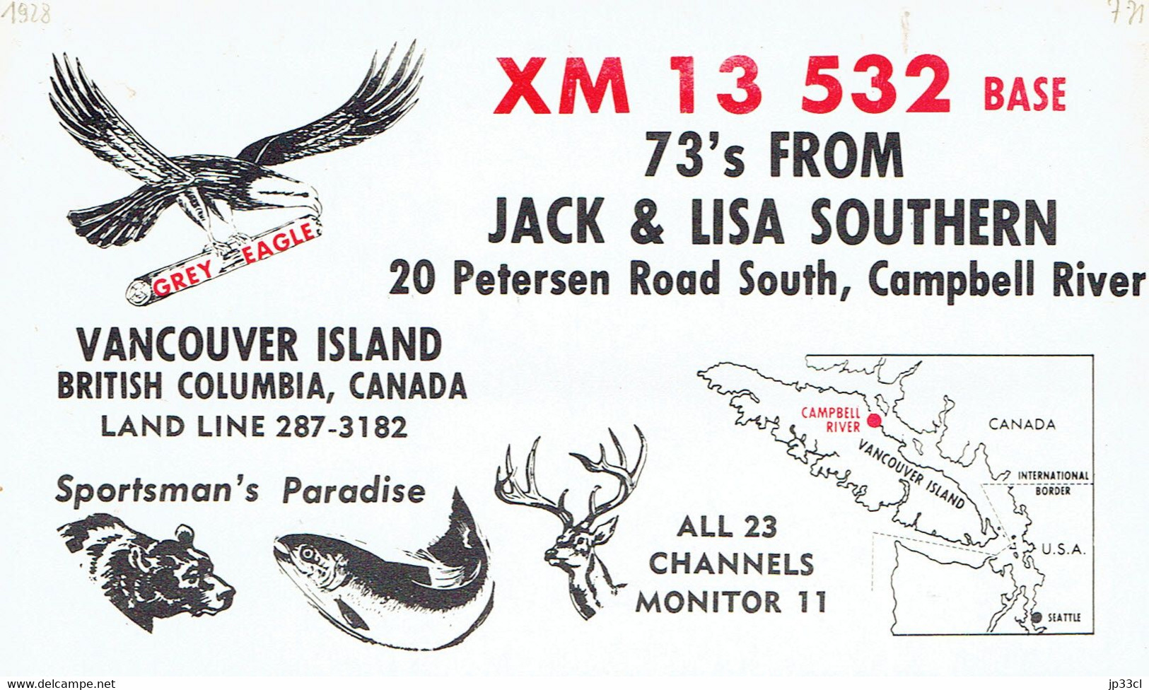 Eagle, Bear, Salmon, Deer On QSL From Jack & Lisa Southern, Petersen Rd, Campbell River, Vancouver Isl., XM13-532 (1971) - CB