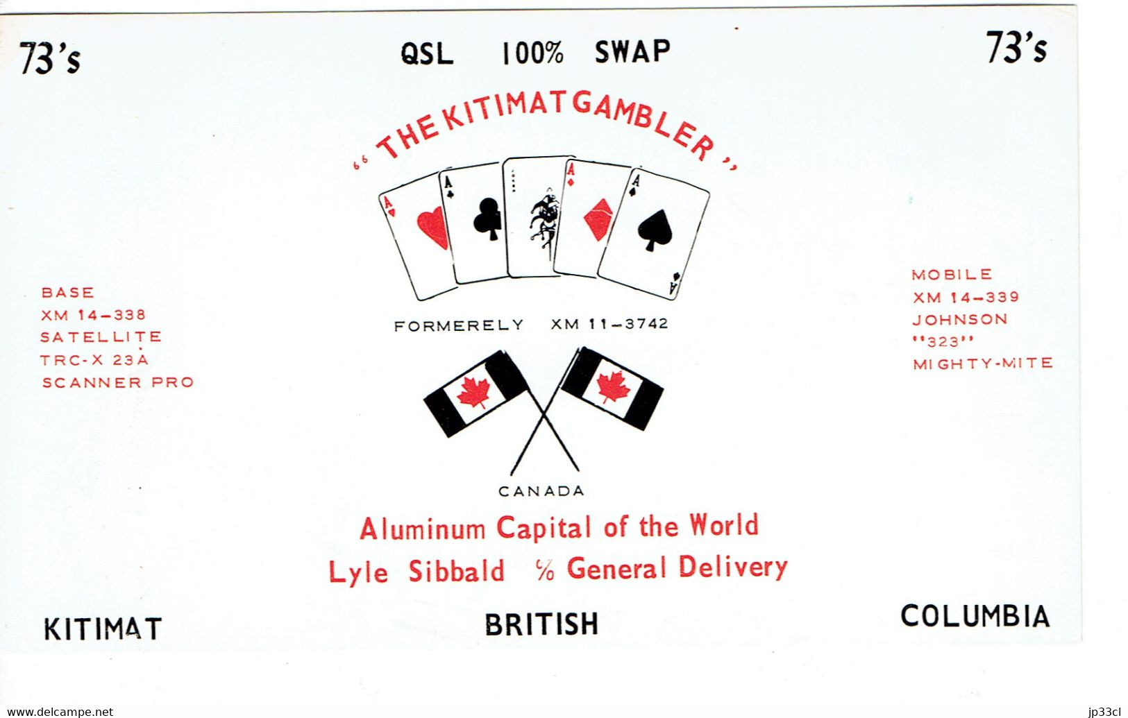 Aces Square On Old QSL From Lyle Sibbald The Kitimat Gambler, B.C. (Aluminium Capital Of The World) Years 1970 - CB-Funk