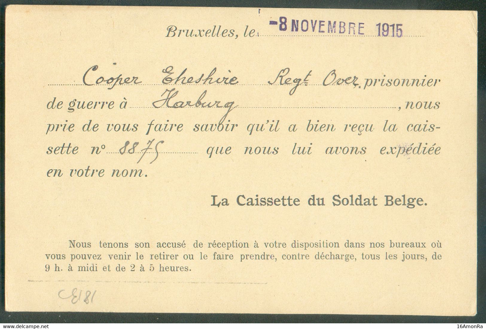 Carte Pour Les Prisonniers De Guerre LA CAISSETTE DU SOLDAT BELGE Exp. De Bruxelles Le 8 Novembre 1915 (prisonnier à Har - Kriegsgefangenschaft