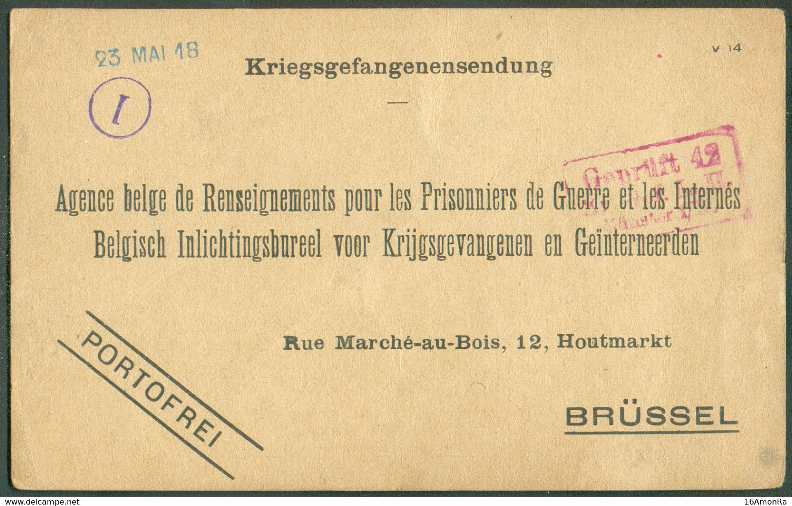 Kriegsgefangenensendung (Kaart) à L'Agence Belge De Renseignements Pour Les Prisonniers De Guette Et Les Internés à Brux - Krijgsgevangenen