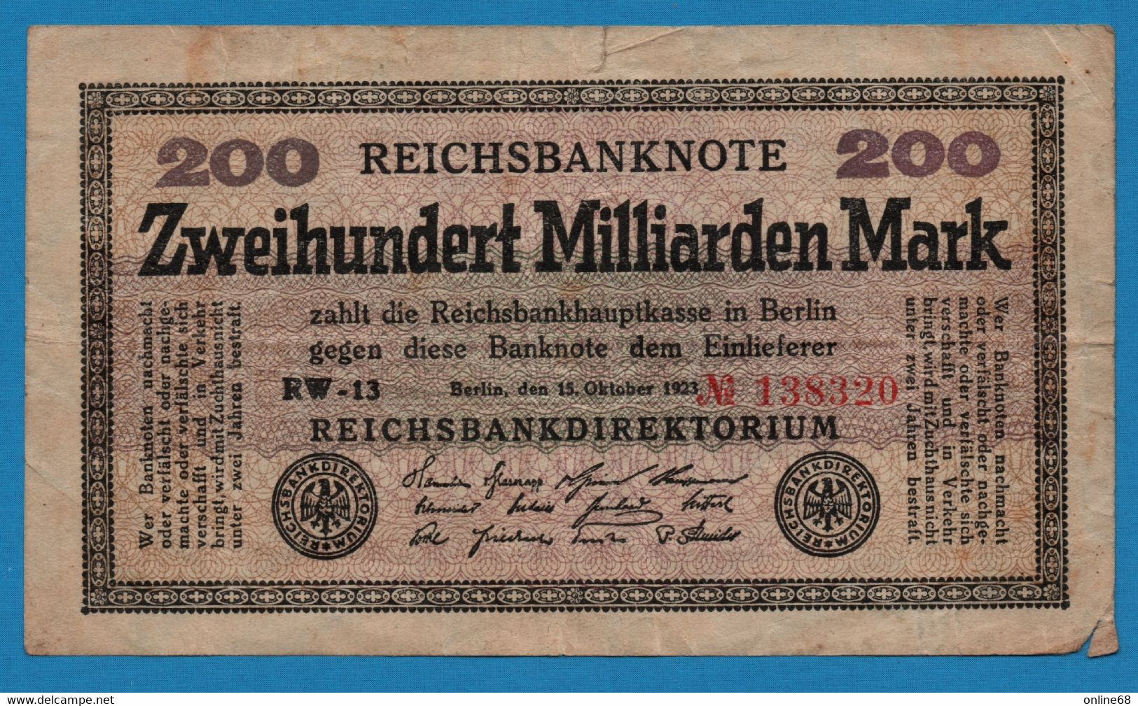 DEUTSCHES REICH 200 MILLIARDEN MARK  15.10.1923 # RW-13 138320 P# 121a  200.000.000.000 Mark Reichsbanknote - 200 Miljard Mark