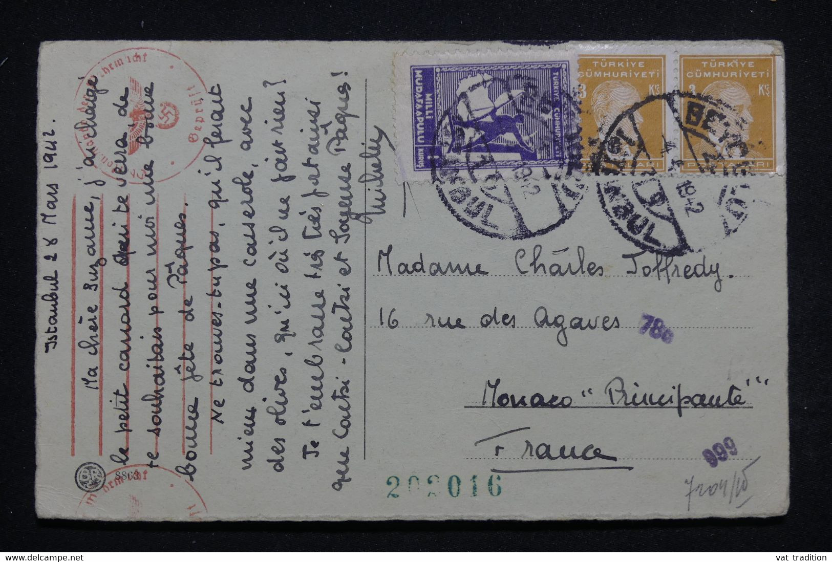 TURQUIE - Carte Postale De Istanbul Pour Monaco En 1942 Avec Contrôle Postal Allemand - L 98528 - Lettres & Documents