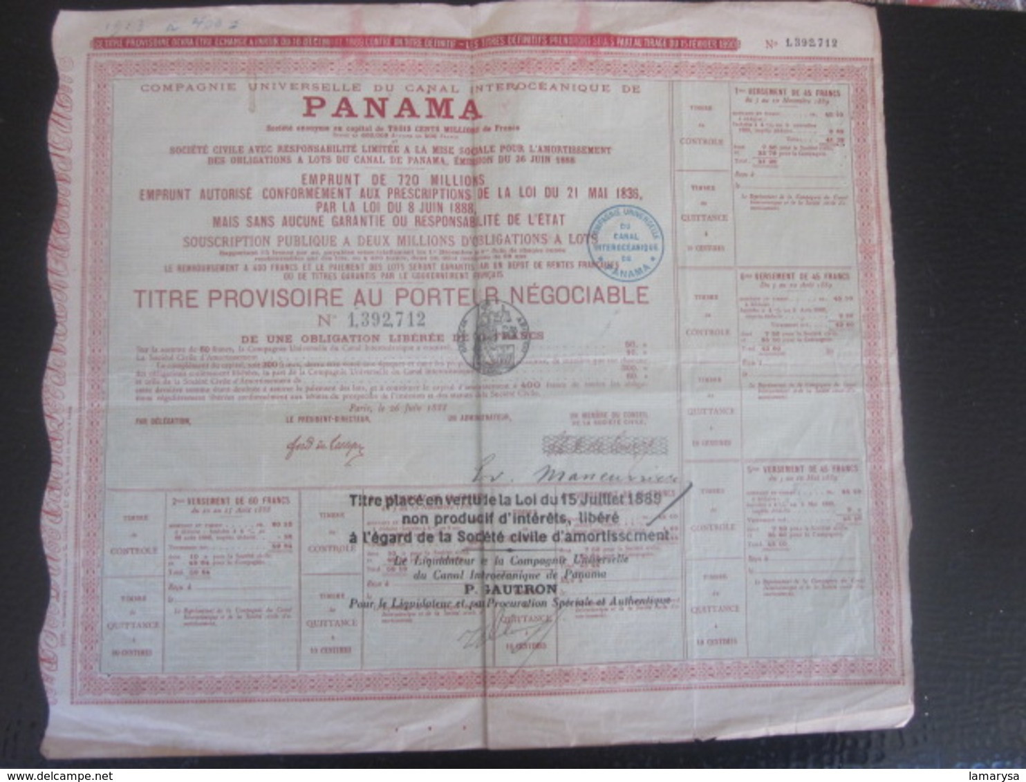 PANAMA 1888 Action & Titre Navigation COMPAGNIE UNIVERSELLE DU CANAL INTEROCÉANIQUE DE PANAMA+FISCAL CACHET CONTRÔLE - Navegación