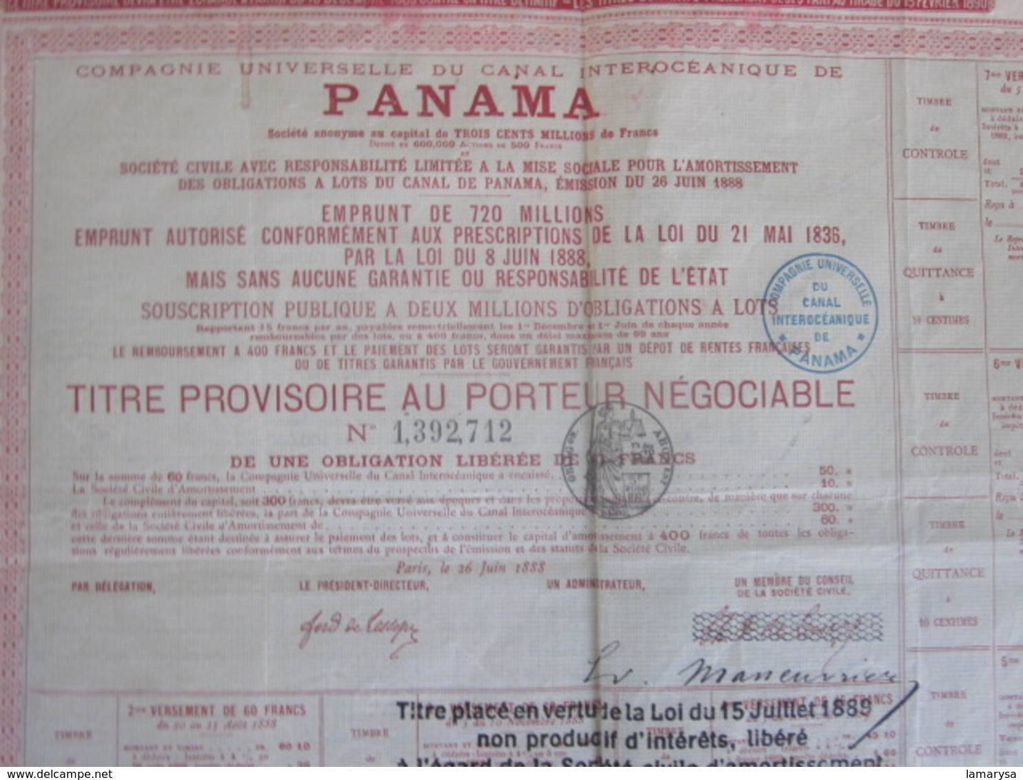 PANAMA 1888 Action & Titre Navigation COMPAGNIE UNIVERSELLE DU CANAL INTEROCÉANIQUE DE PANAMA+FISCAL CACHET CONTRÔLE - Navigazione