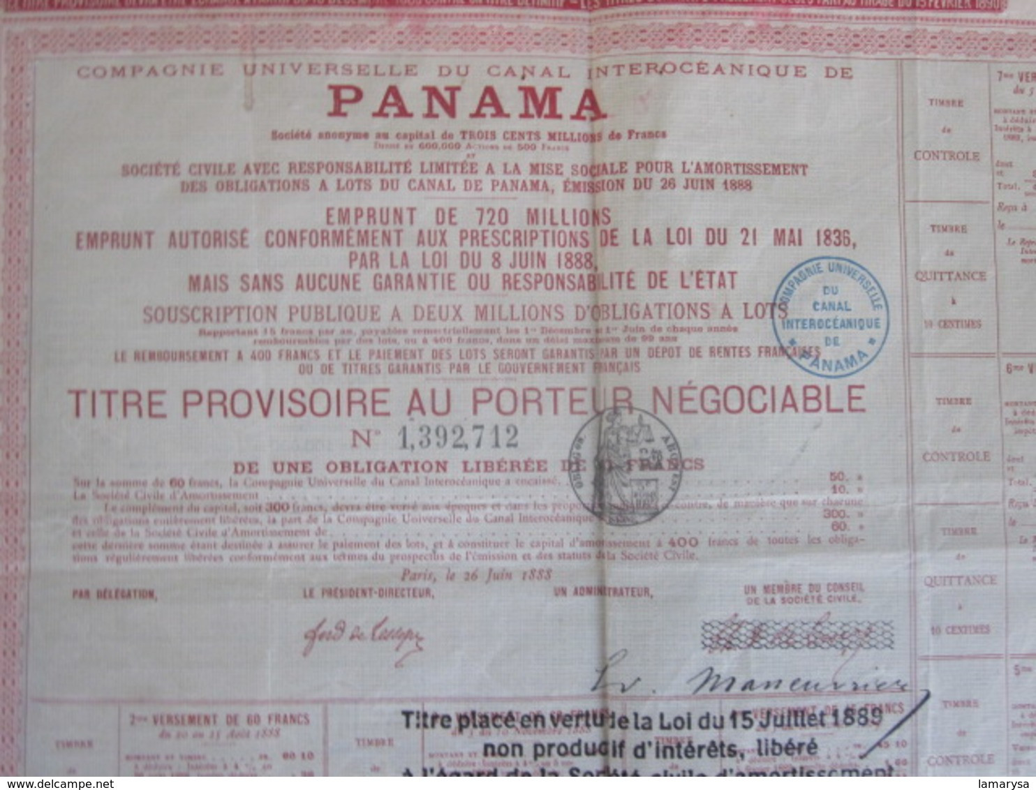 PANAMA 1888 Action & Titre Navigation COMPAGNIE UNIVERSELLE DU CANAL INTEROCÉANIQUE DE PANAMA+FISCAL CACHET CONTRÔLE - Navy