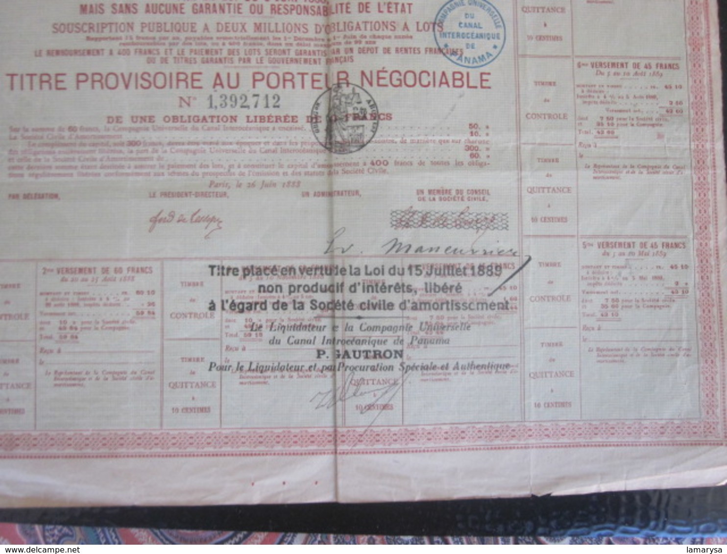 PANAMA 1888 Action & Titre Navigation COMPAGNIE UNIVERSELLE DU CANAL INTEROCÉANIQUE DE PANAMA+FISCAL CACHET CONTRÔLE - Navigation