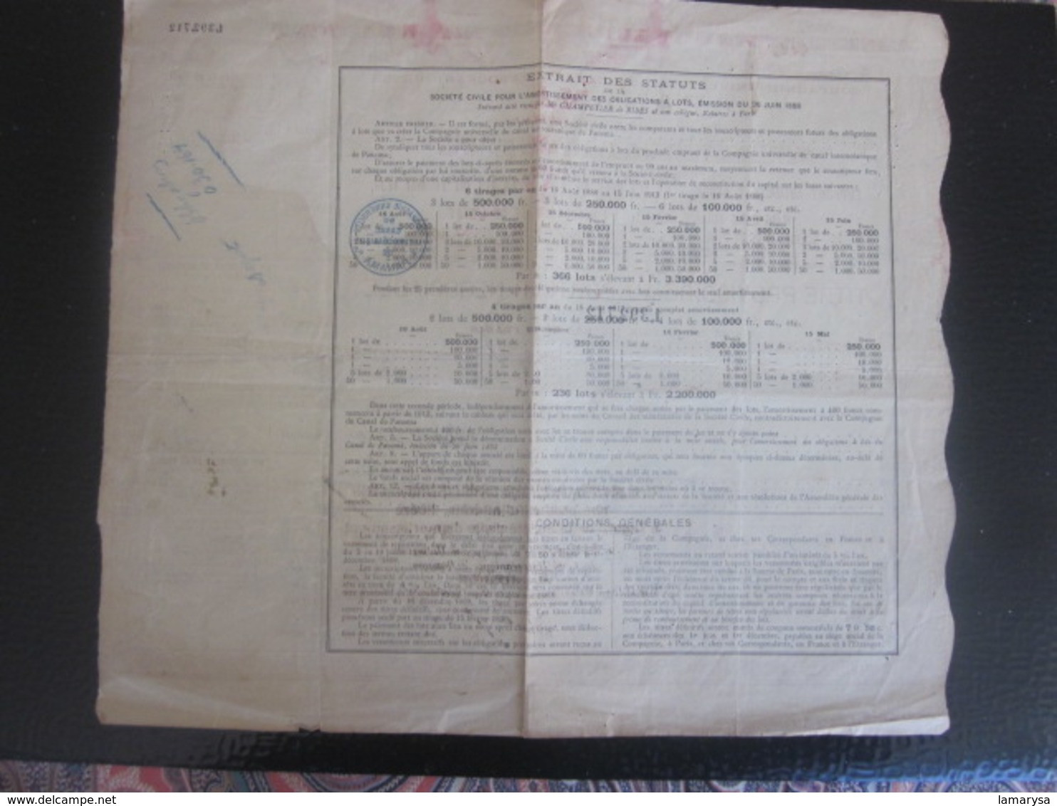 PANAMA 1888 Action & Titre Navigation COMPAGNIE UNIVERSELLE DU CANAL INTEROCÉANIQUE DE PANAMA+FISCAL CACHET CONTRÔLE - Navigation