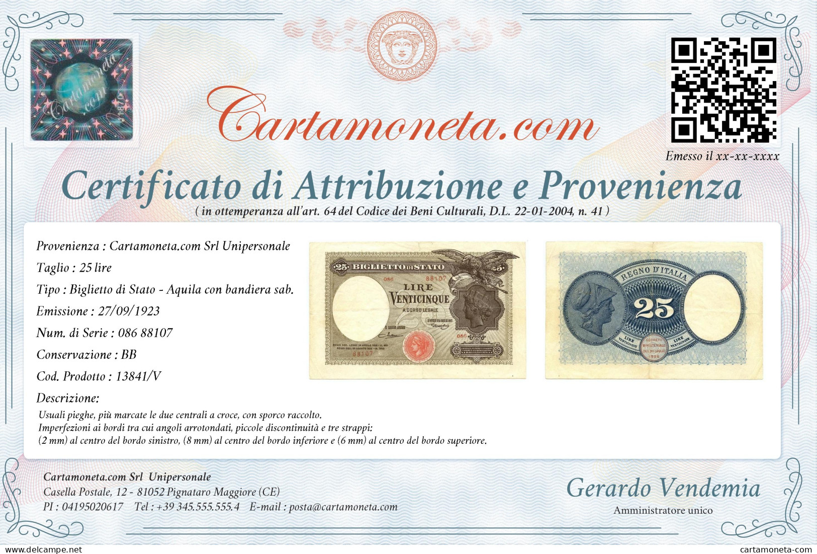 25 LIRE BIGLIETTO DI STATO AQUILA CON BANDIERA SABAUDA 27/09/1923 BB - Regno D'Italia – Other