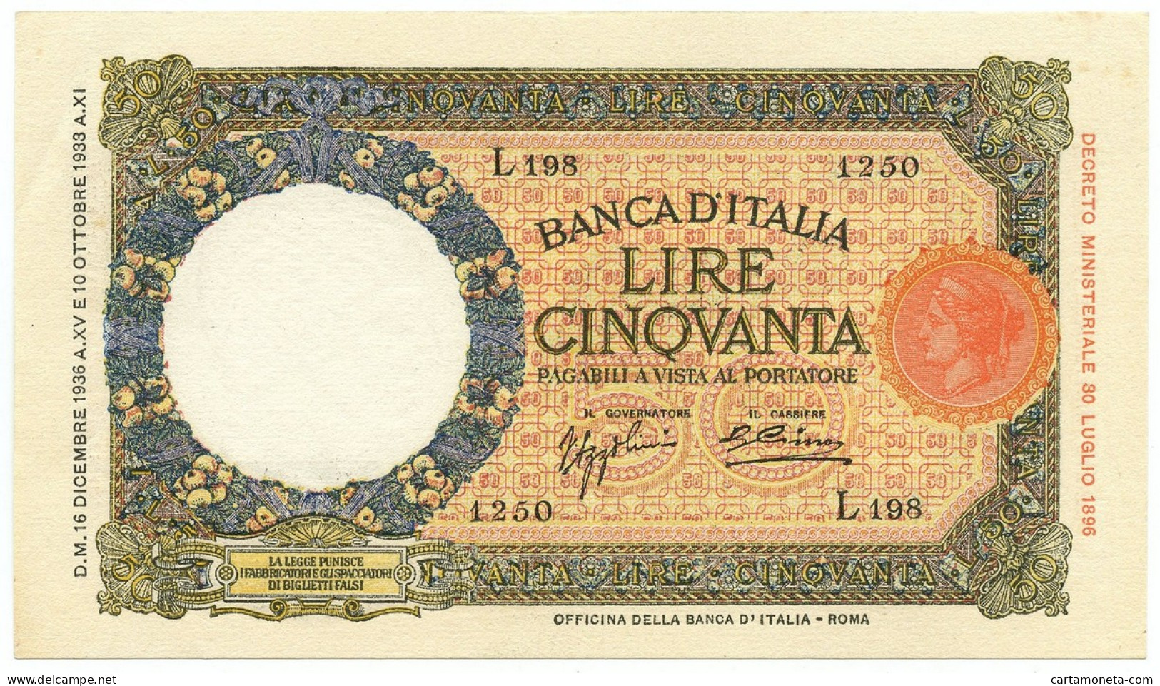 50 LIRE CAPRANESI LUPA CAPITOLINA MARGINE LARGO FASCIO ROMA 16/12/1936 SUP+ - Regno D'Italia – Autres