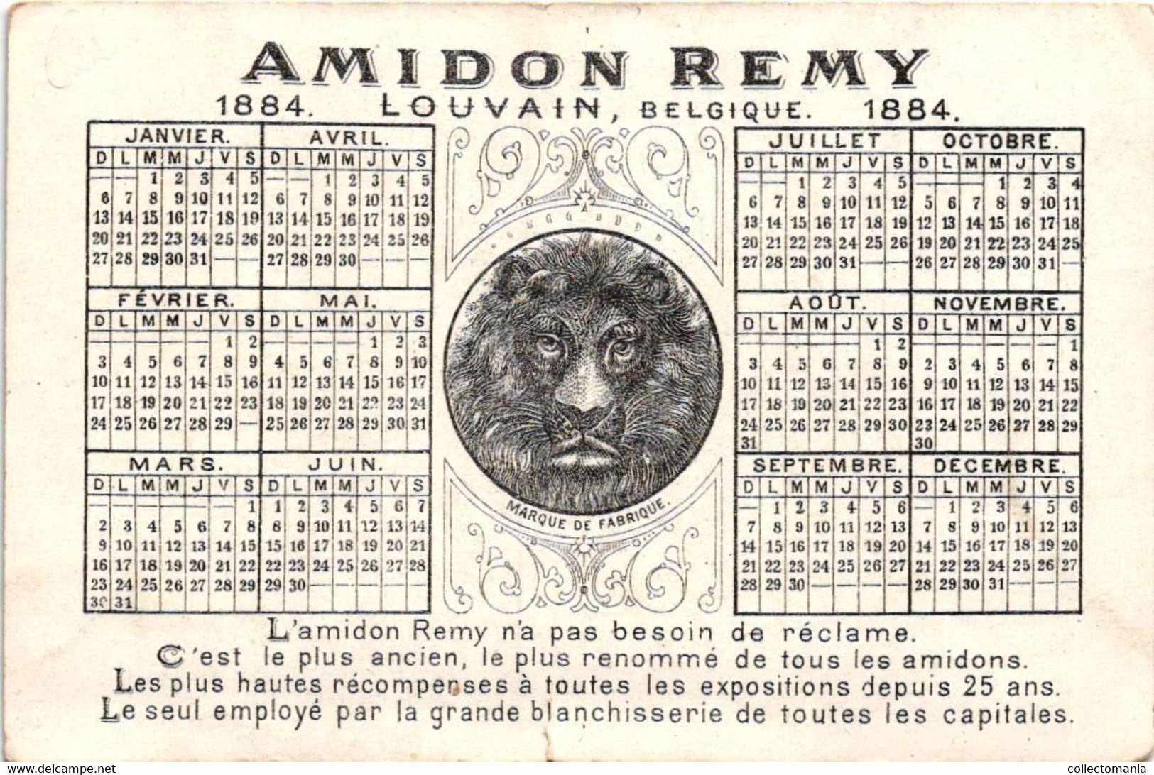 2 Cards  AMIDON  Remy LOUVAIN  Marque De Fabrique Tête De Lion Calendrier  1884 LITHO  15x9,5 Cm - Collections, Lots & Séries