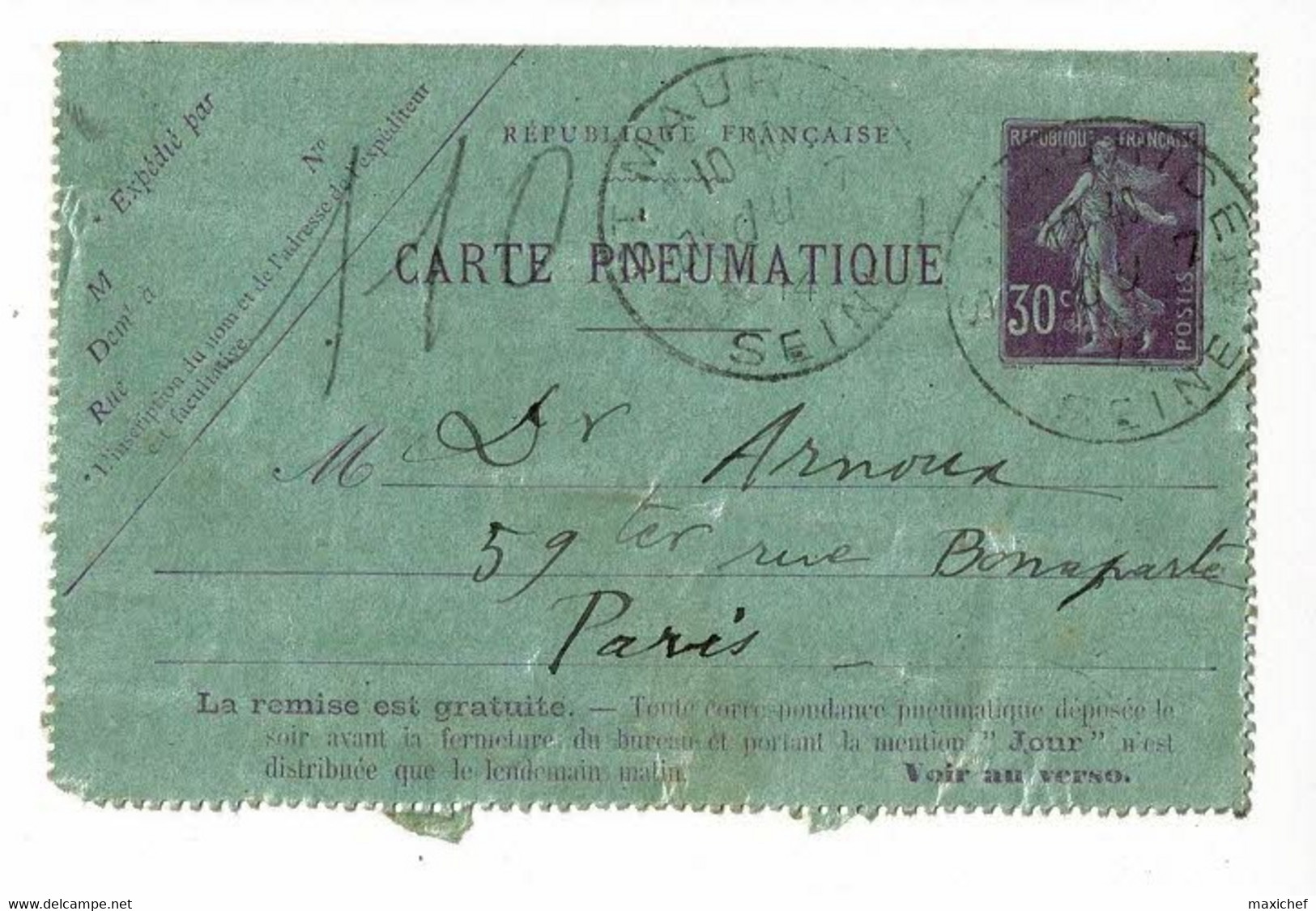 Carte Lettre Pneumatique Pour Paris - Entier Postal N° Yvert 305 - Circ 1914 Depuis St Maurice, Voir Cachets Différents - 1877-1920: Période Semi Moderne