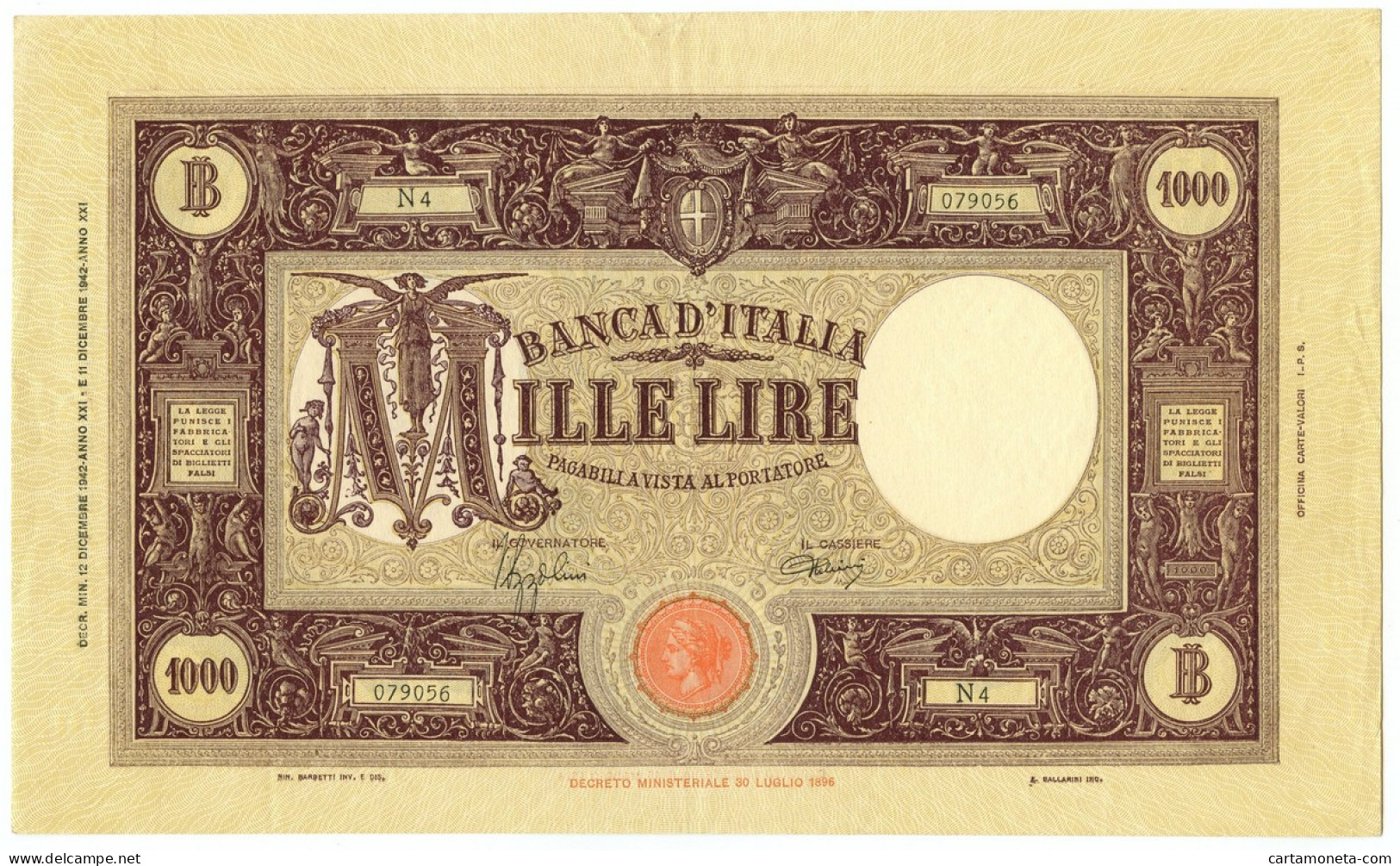 1000 LIRE BARBETTI GRANDE M TESTINA FASCIO II TIPO 12/12/1942 SPL+ - Regno D'Italia – Autres