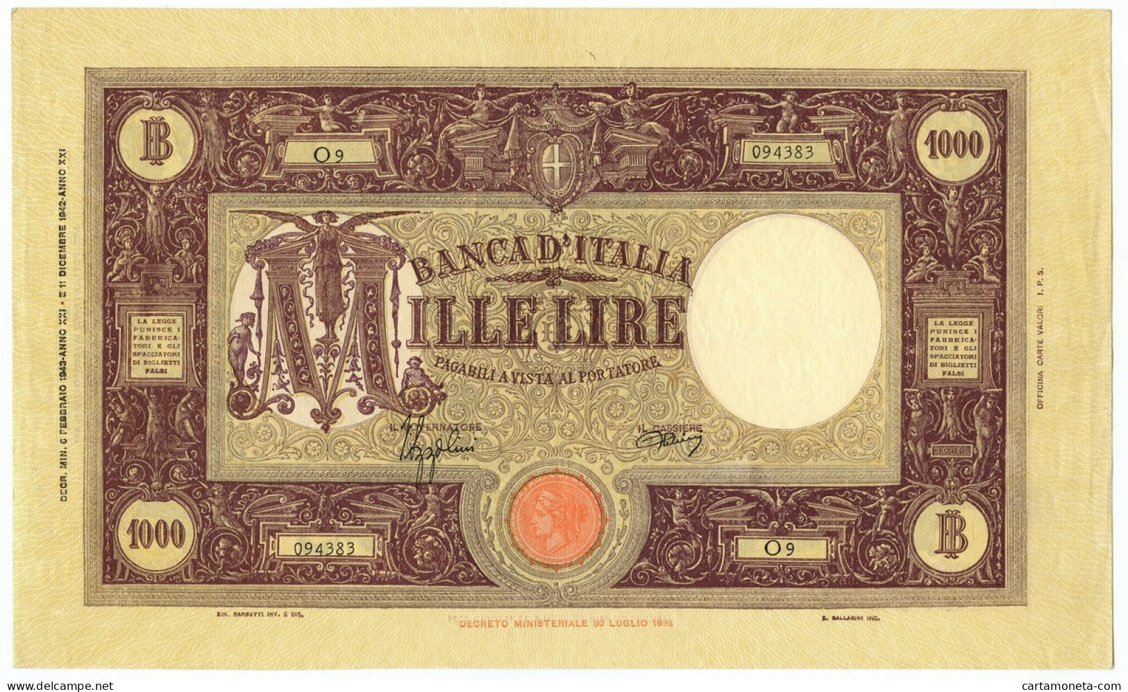 1000 LIRE BARBETTI GRANDE M TESTINA FASCIO II TIPO 06/02/1943 SPL/SPL+ - Regno D'Italia – Other